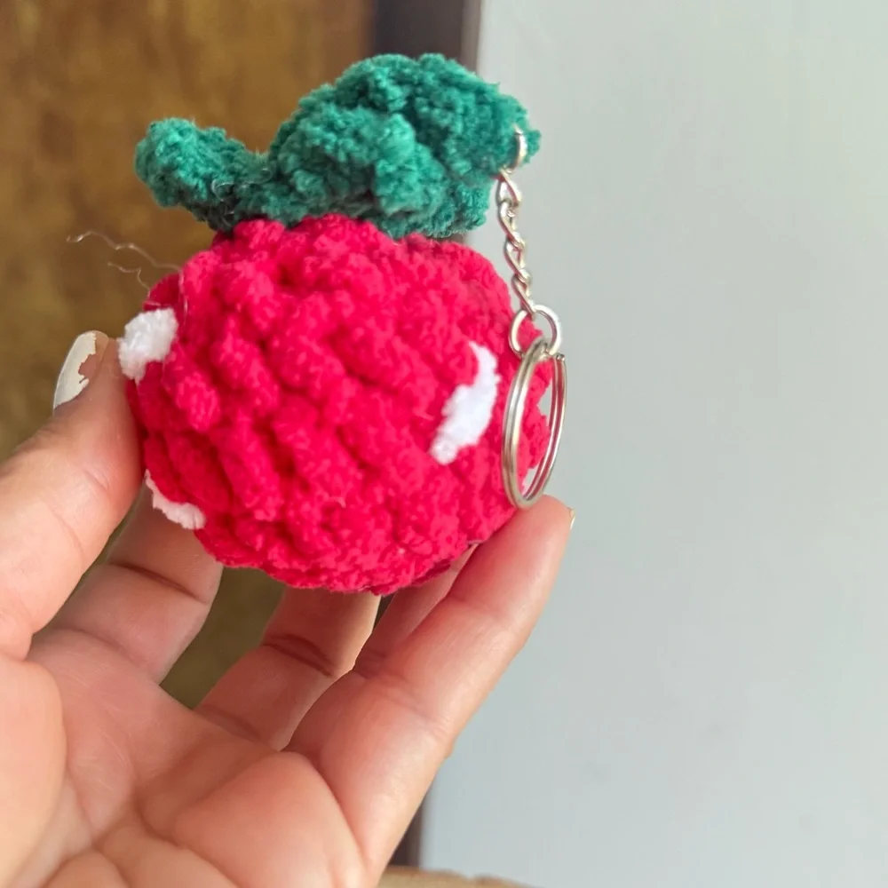 Handmade Strawberry Crochet Plushie Keychain – Soft Chenille Yarn Mini Bag Charm